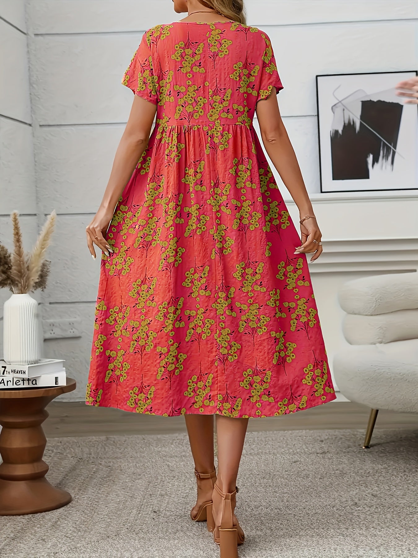 Ella | Vibrant Coral Floral Midi Dress