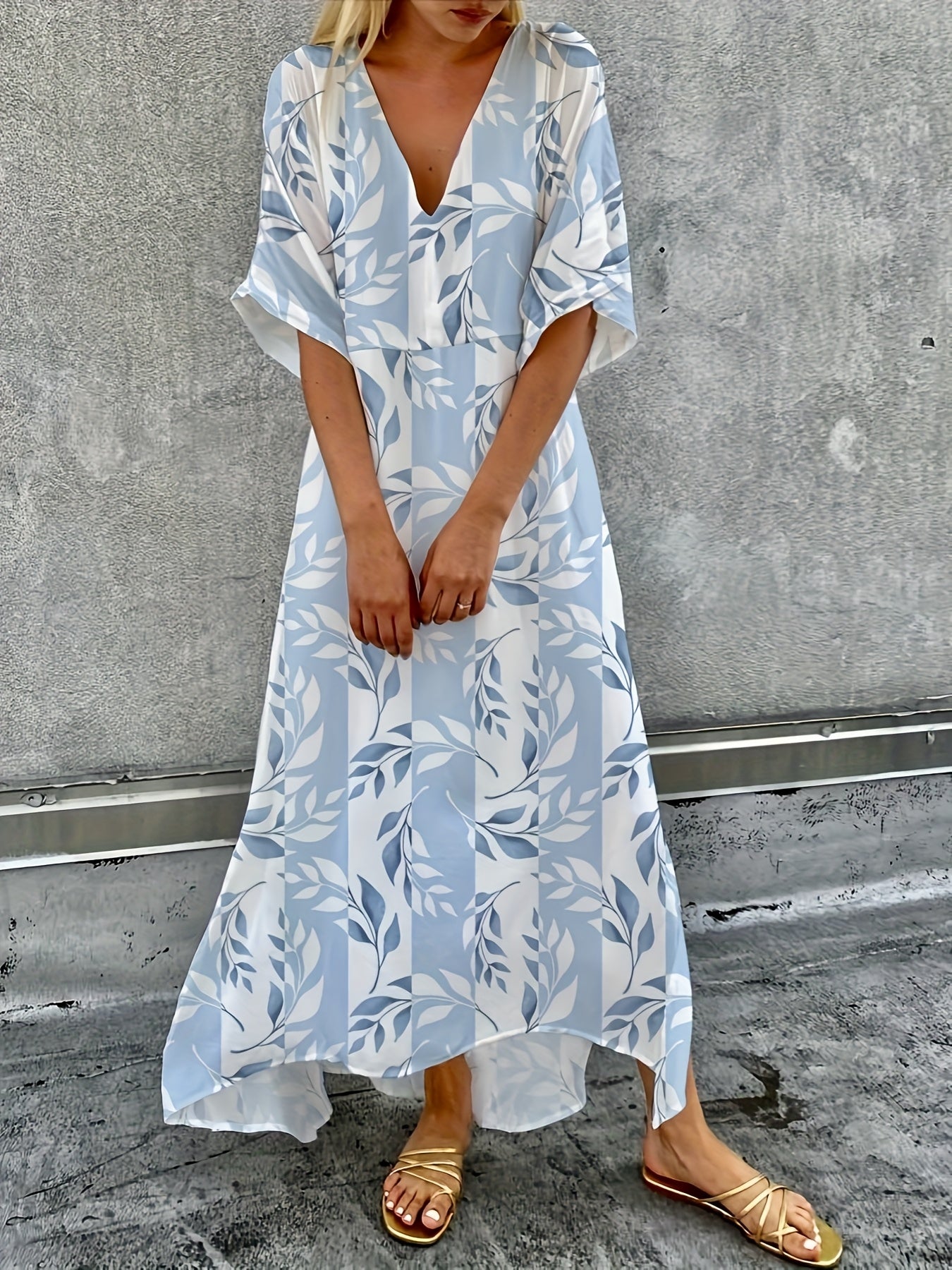 Chloe | Blue Leaf V-Neck Maxi