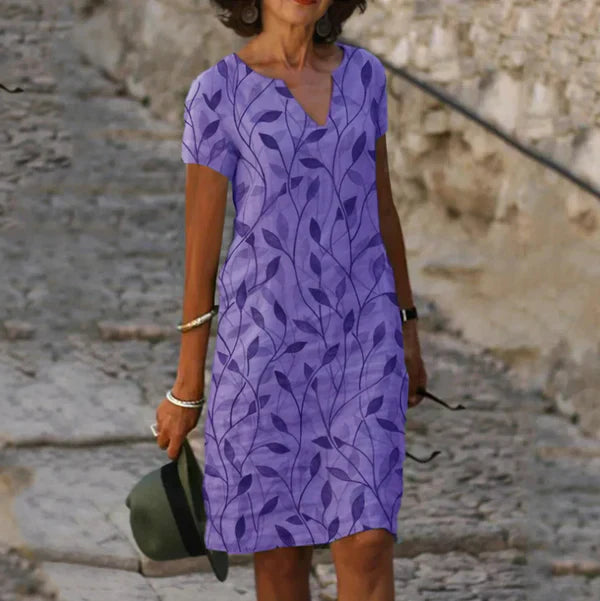 Greta | Leaf-Print Casual V-Neck Dress
