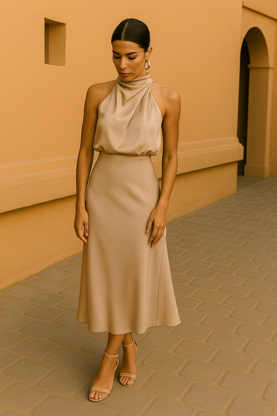 Elena | Satin Halter-Neck Midi Dress