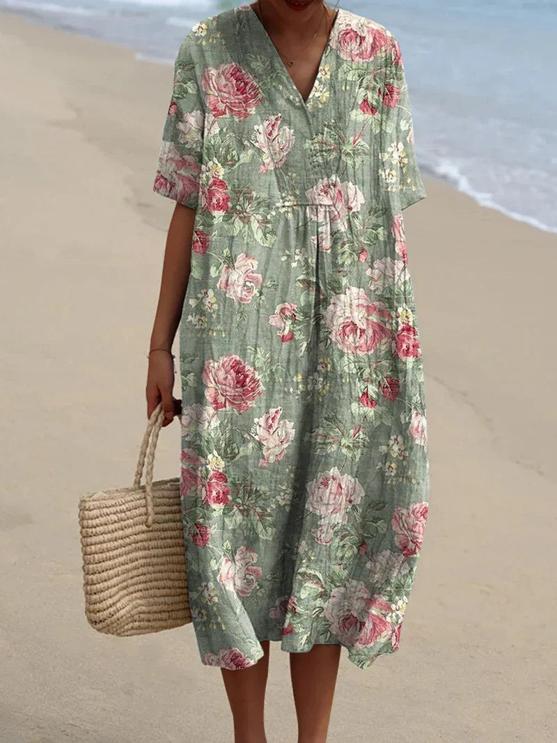 Rosalie | Vintage Rose V-Neck Midi Dress